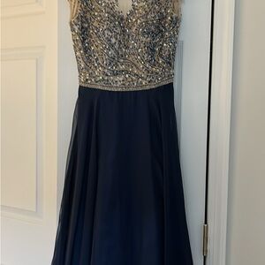 Elegant Navy Blue Embellished Evening Dress